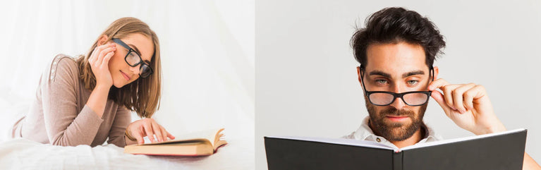 Una mujer y un hombre leyendo un libro con gafas de lectura
