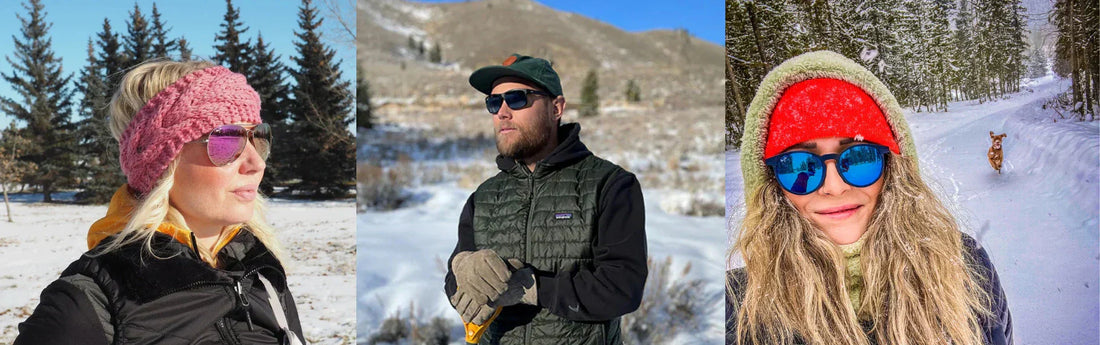 Dos mujeres y un hombre usando gafas Maui Jim en el invierno
