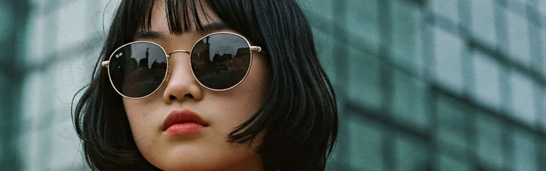 Chica con pelo corto y gafas de sol oscuras, con bufanda y de fondo un edificio