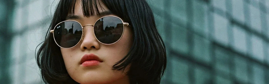 Chica con pelo corto y gafas de sol oscuras, con bufanda y de fondo un edificio