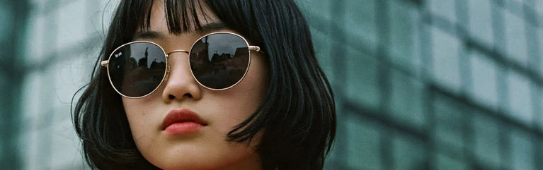 Chica con pelo corto y gafas de sol oscuras, con bufanda y de fondo un edificio