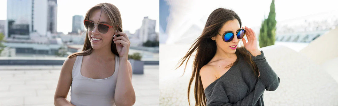 Dos mujeres usando gafas de sol polarizadas con una ciudad de fondo