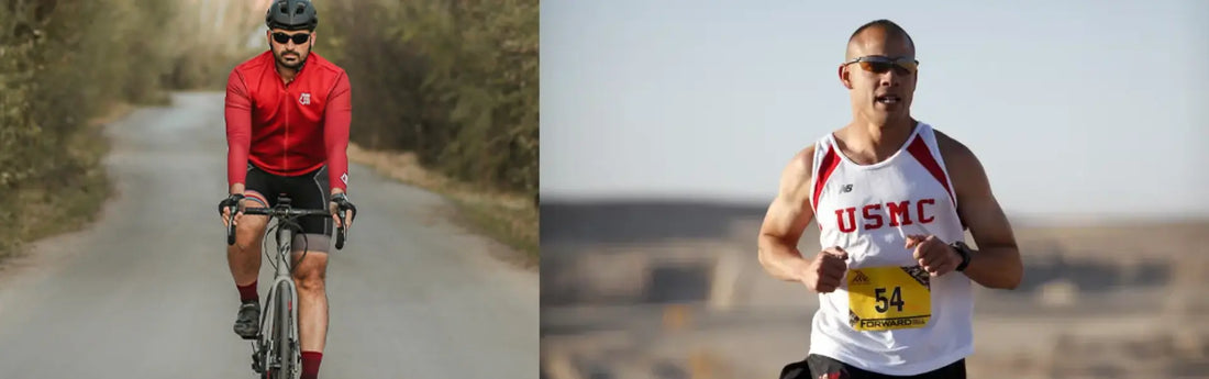 Un ciclista y un corredor usando gafas de sol deportivas