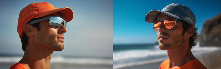 Dos hombres salvavidas con gafas de sol deportivas en la playa